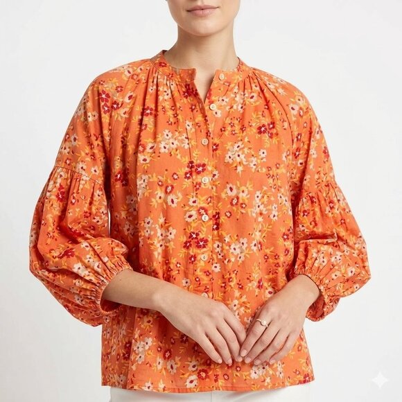 Olivia James The Label Orange Floral Emory Puff Sleeve Blouse Sz Small Like New - Picture 11 of 11